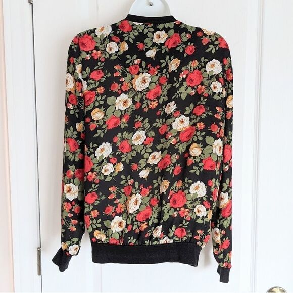 Como BLACK bright floral roses print zip bomber jacket blouse size S @X - Picture 2 of 8